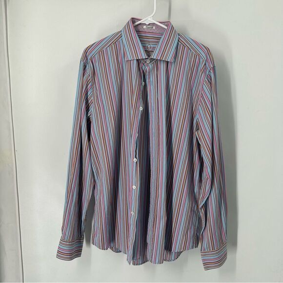 Bugatchi Uomo Mens' Shaped Fit Contrast Collar Multicolor Stripe L/S Dress Shirt - Picture 1 of 7